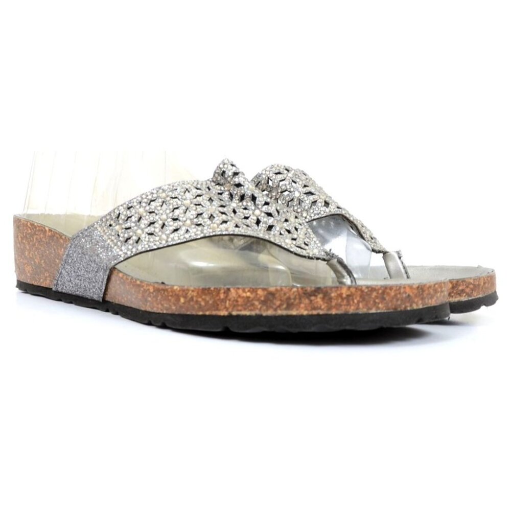 Italian Shoemakers Women's 10 Pewter Rhinestone Cork Thong Wedge Slide Sandals